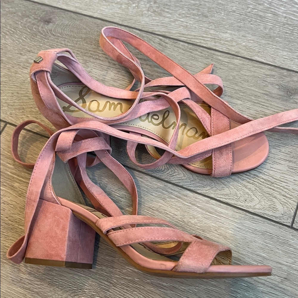 Sam Edelman Pink Suede ankle lace up low heel block heel Sandals size 7 - Picture 4 of 11